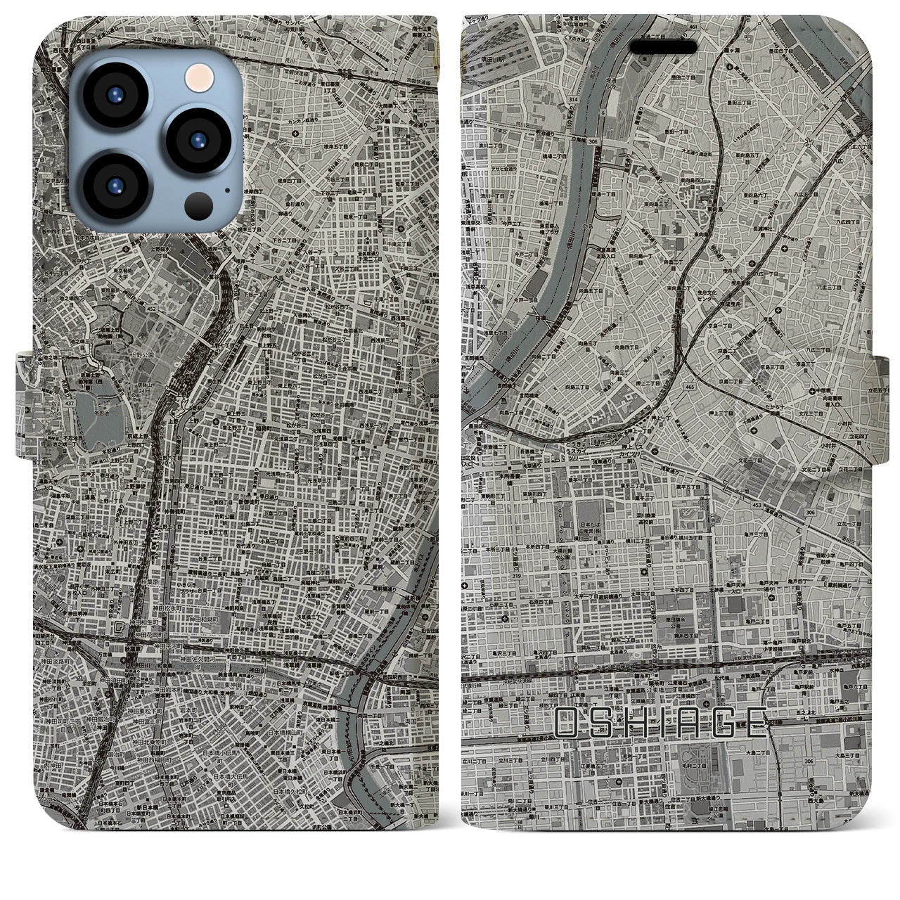 【押上(東京都)】地図柄iPhoneケース(手帳タイプ)モノトーン・iPhone 13 Pro Max 用