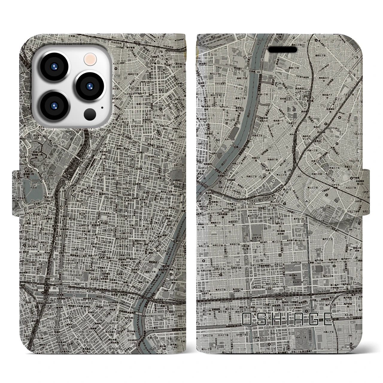 【押上(東京都)】地図柄iPhoneケース(手帳タイプ)モノトーン・iPhone 13 Pro 用
