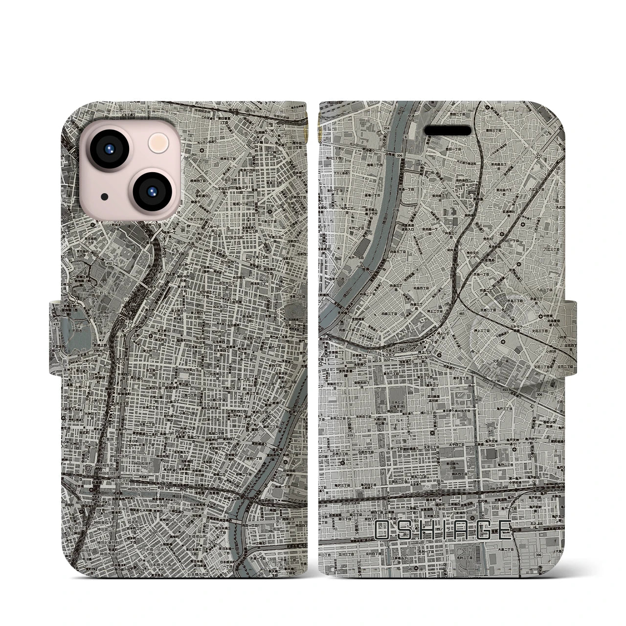 【押上(東京都)】地図柄iPhoneケース(手帳タイプ)モノトーン・iPhone 13 mini 用
