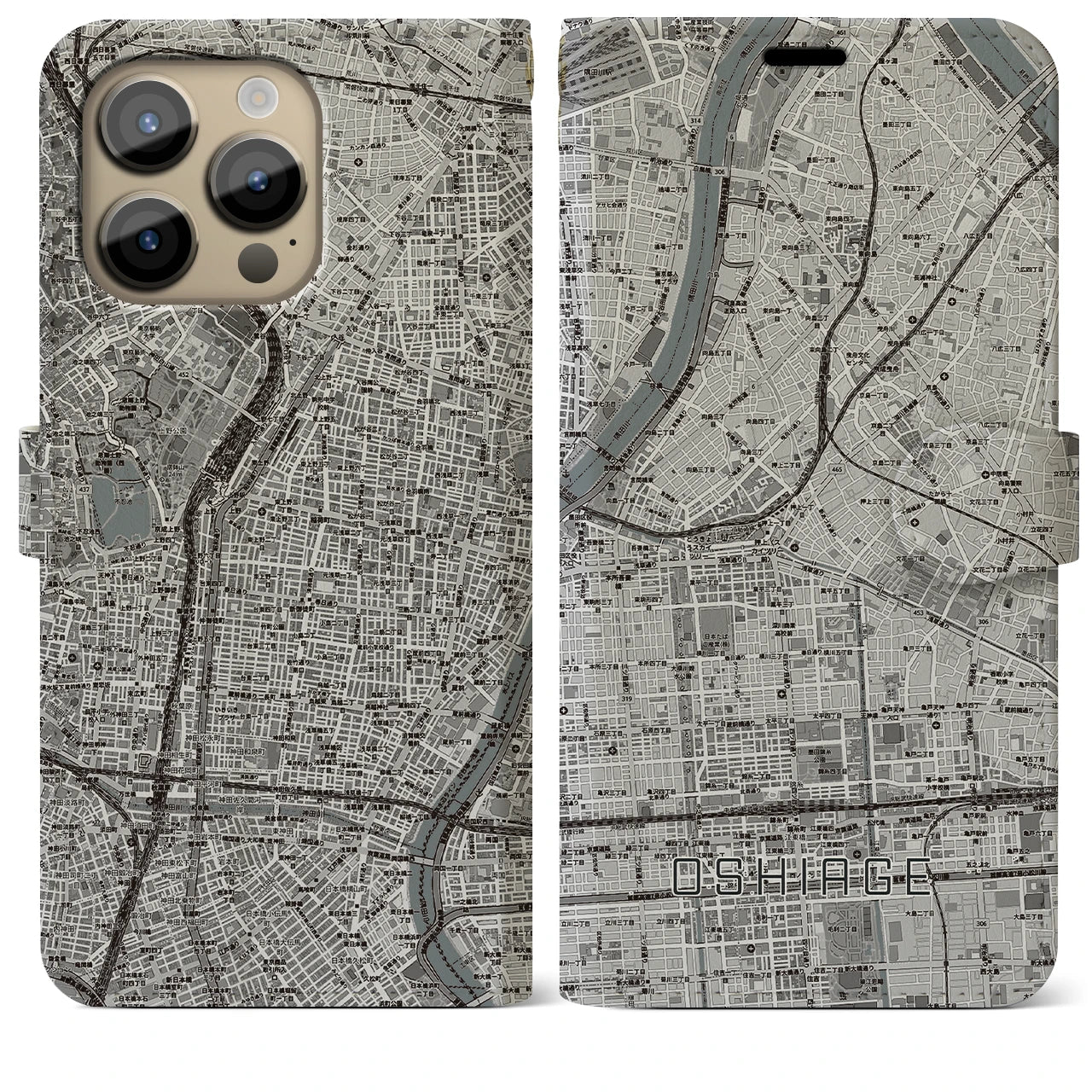【押上(東京都)】地図柄iPhoneケース(手帳タイプ)モノトーン・iPhone 14 Pro Max 用