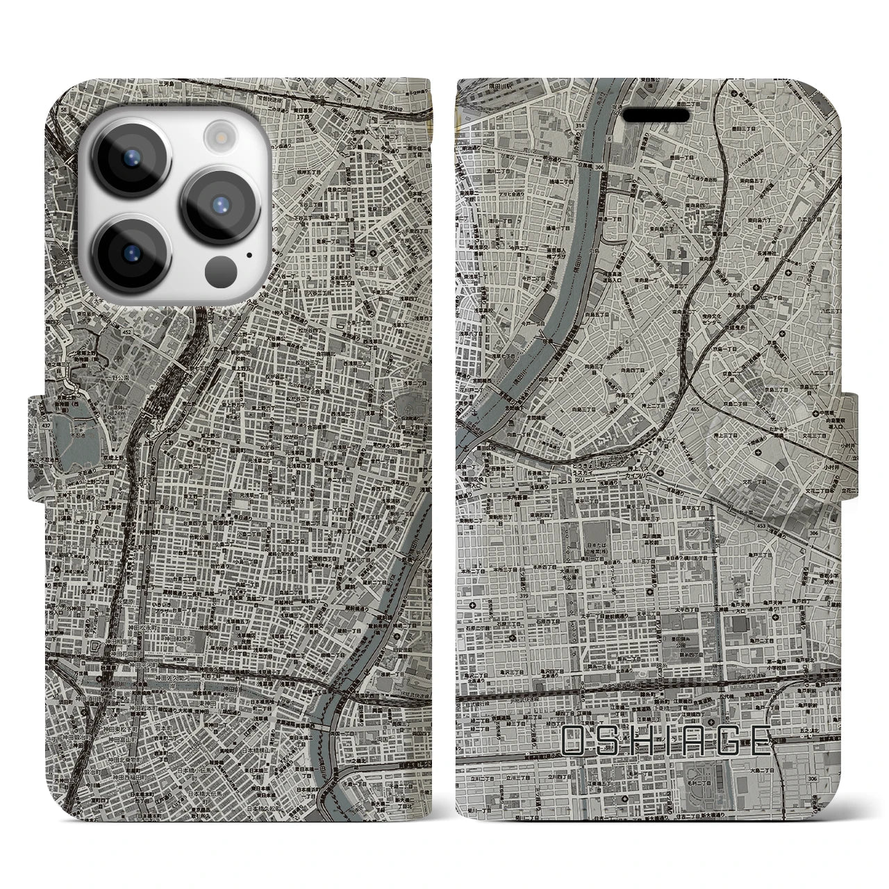 【押上(東京都)】地図柄iPhoneケース(手帳タイプ)モノトーン・iPhone 14 Pro 用