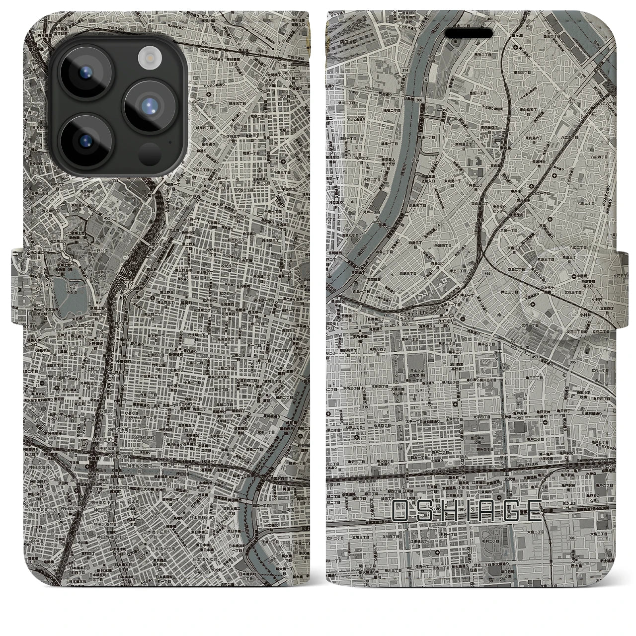 【押上(東京都)】地図柄iPhoneケース(手帳タイプ)モノトーン・iPhone 15 Pro Max 用
