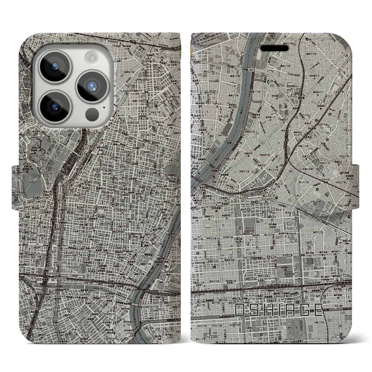 【押上(東京都)】地図柄iPhoneケース(手帳タイプ)モノトーン・iPhone 15 Pro 用