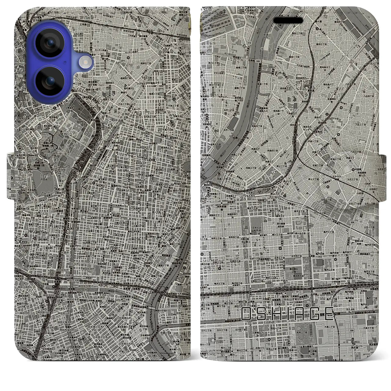 【押上(東京都)】地図柄iPhoneケース(手帳タイプ)モノトーン・iPhone 16 Pro Max 用