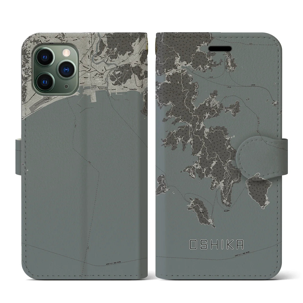 【牡鹿(宮城県)】地図柄iPhoneケース(手帳タイプ)モノトーン・iPhone 11 Pro 用
