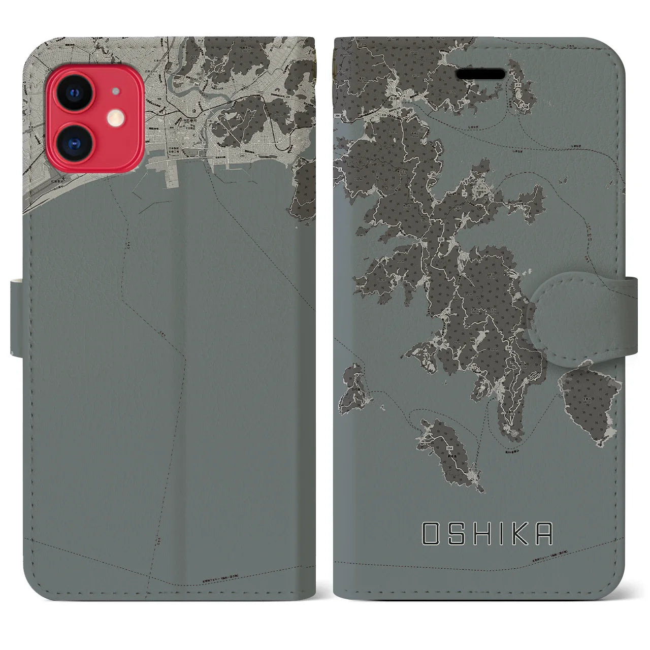 【牡鹿(宮城県)】地図柄iPhoneケース(手帳タイプ)モノトーン・iPhone 11 用