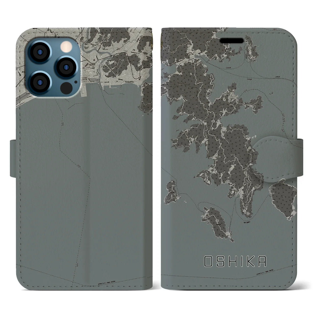 【牡鹿(宮城県)】地図柄iPhoneケース(手帳タイプ)モノトーン・iPhone 12 / 12 Pro 用
