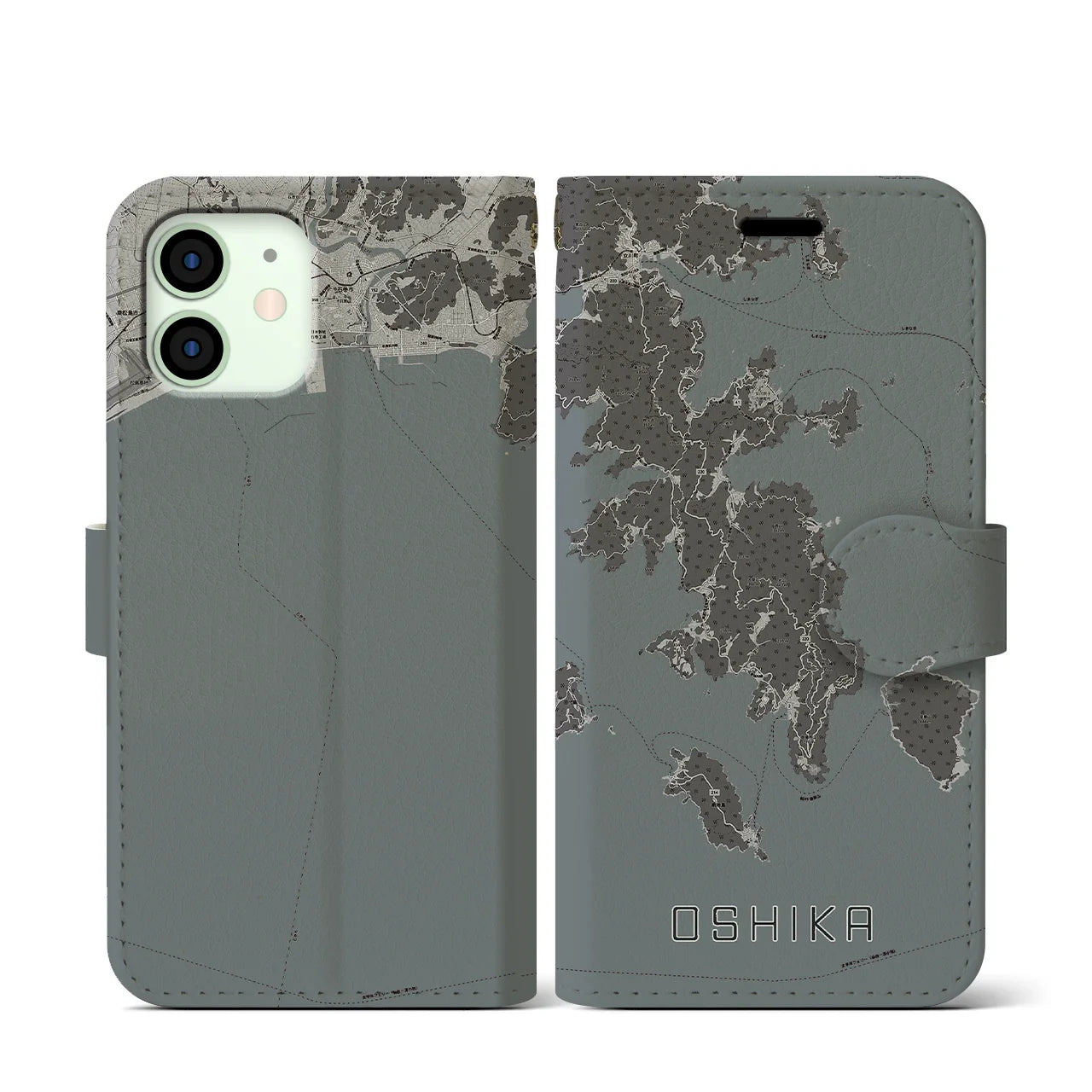 【牡鹿(宮城県)】地図柄iPhoneケース(手帳タイプ)モノトーン・iPhone 12 mini 用