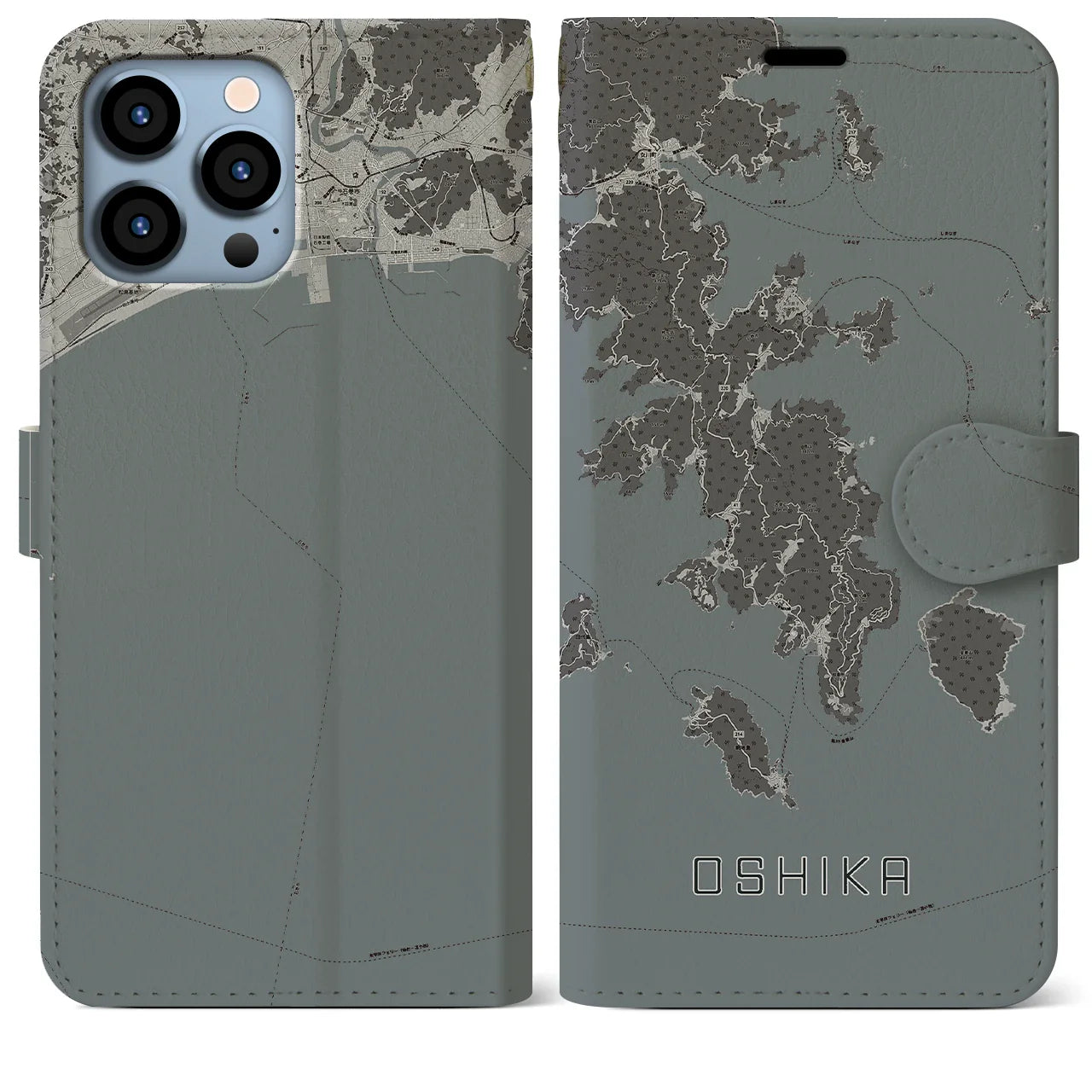 【牡鹿(宮城県)】地図柄iPhoneケース(手帳タイプ)モノトーン・iPhone 13 Pro Max 用