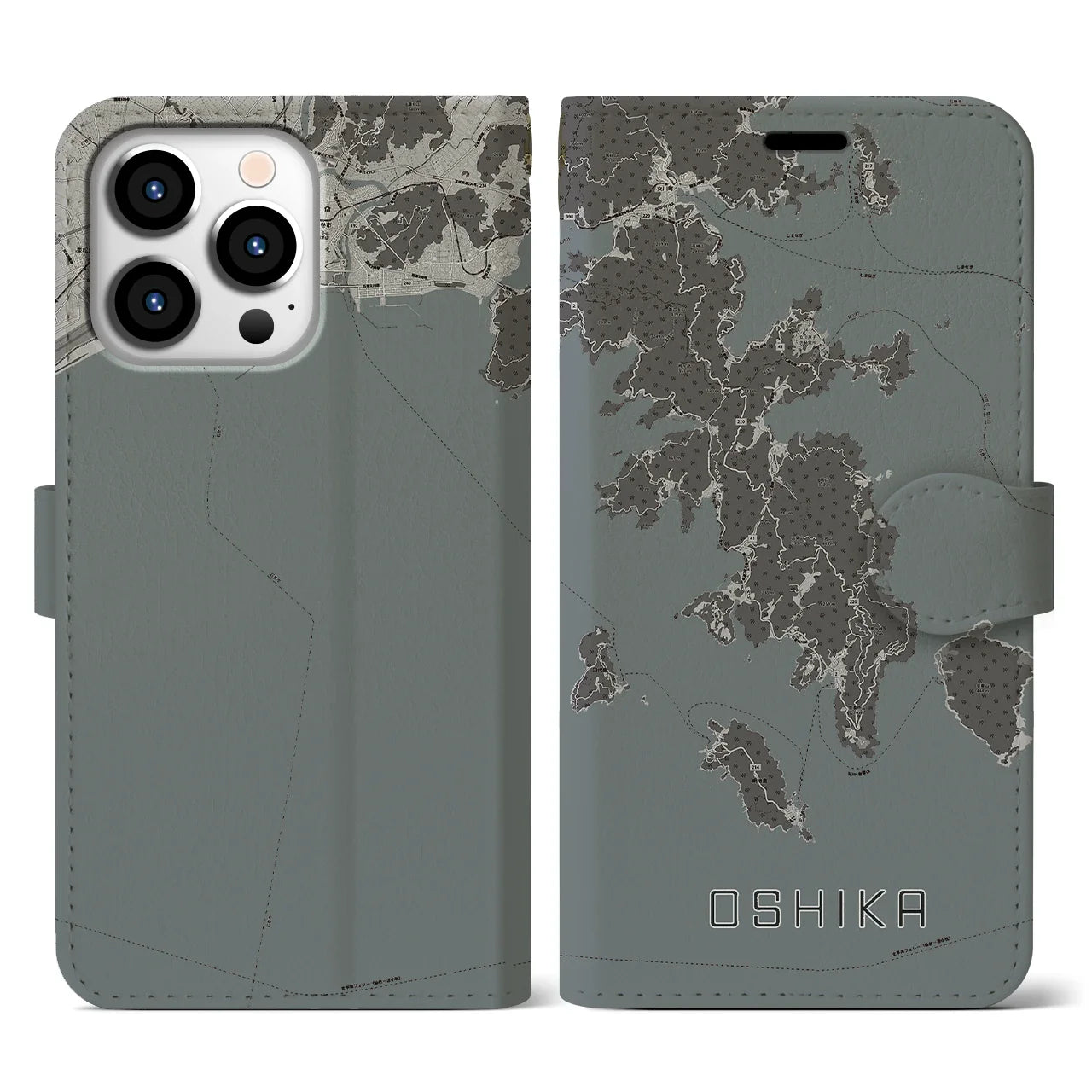【牡鹿(宮城県)】地図柄iPhoneケース(手帳タイプ)モノトーン・iPhone 13 Pro 用