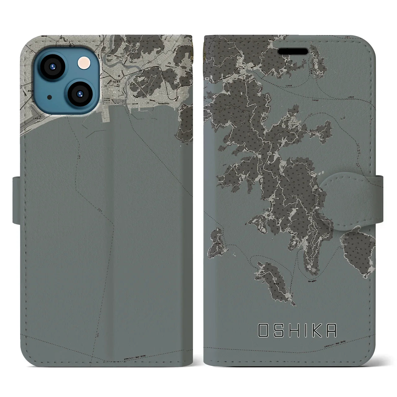 【牡鹿(宮城県)】地図柄iPhoneケース(手帳タイプ)モノトーン・iPhone 13 用