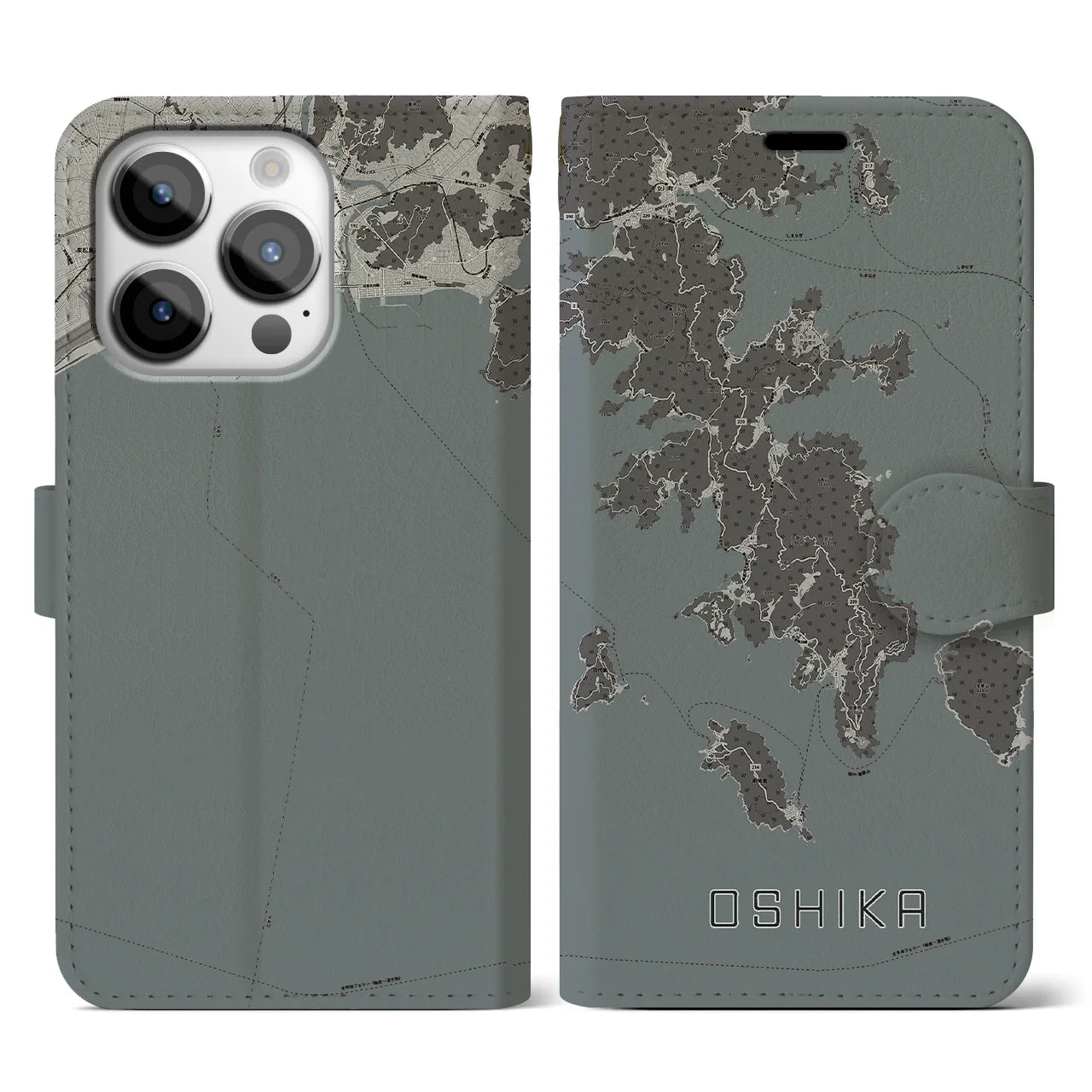【牡鹿(宮城県)】地図柄iPhoneケース(手帳タイプ)モノトーン・iPhone 14 Pro 用