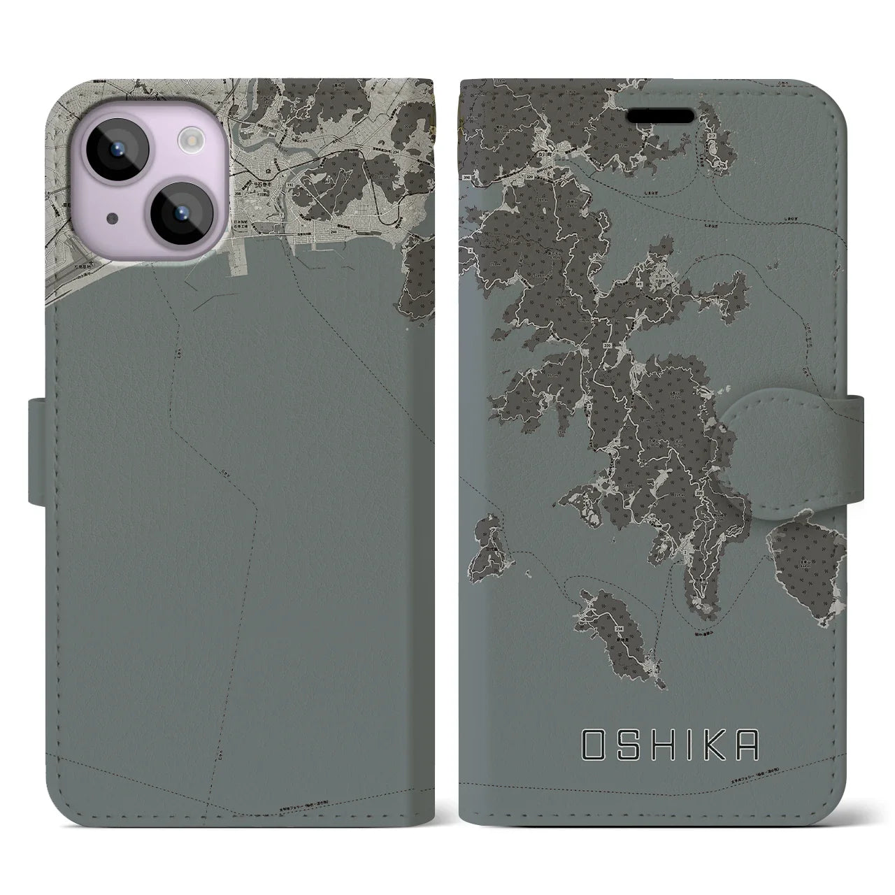【牡鹿(宮城県)】地図柄iPhoneケース(手帳タイプ)モノトーン・iPhone 14 用