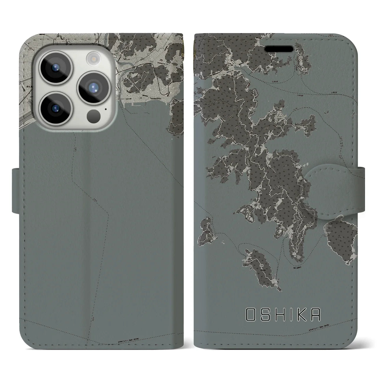 【牡鹿(宮城県)】地図柄iPhoneケース(手帳タイプ)モノトーン・iPhone 15 Pro 用