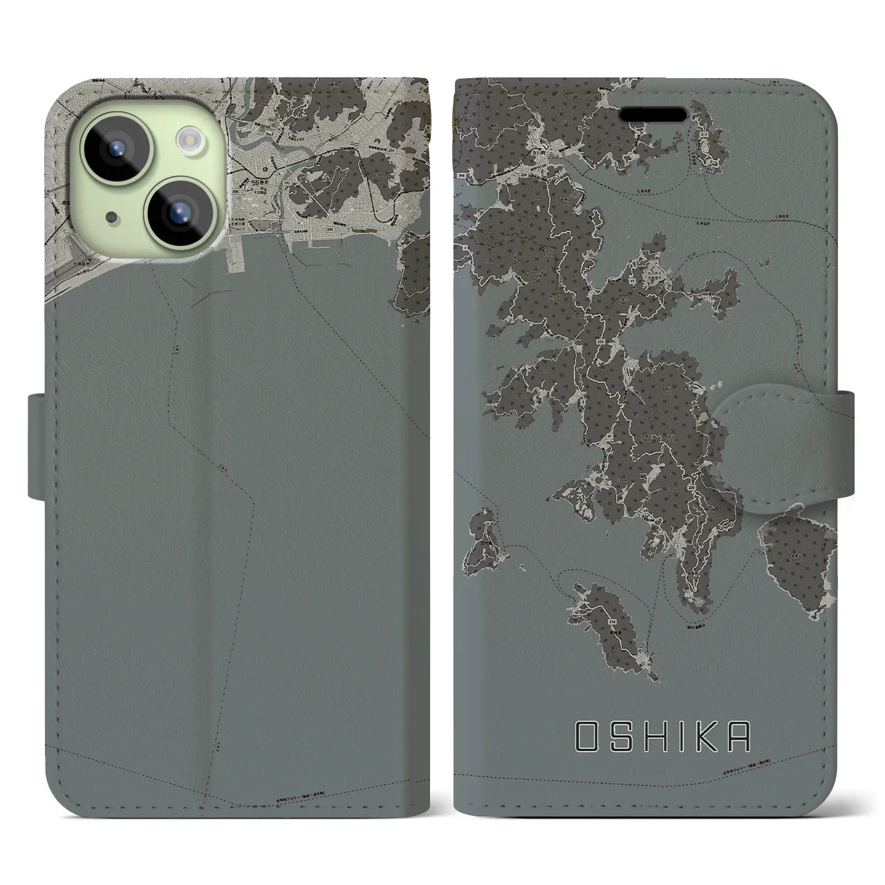 【牡鹿(宮城県)】地図柄iPhoneケース(手帳タイプ)モノトーン・iPhone 15 用