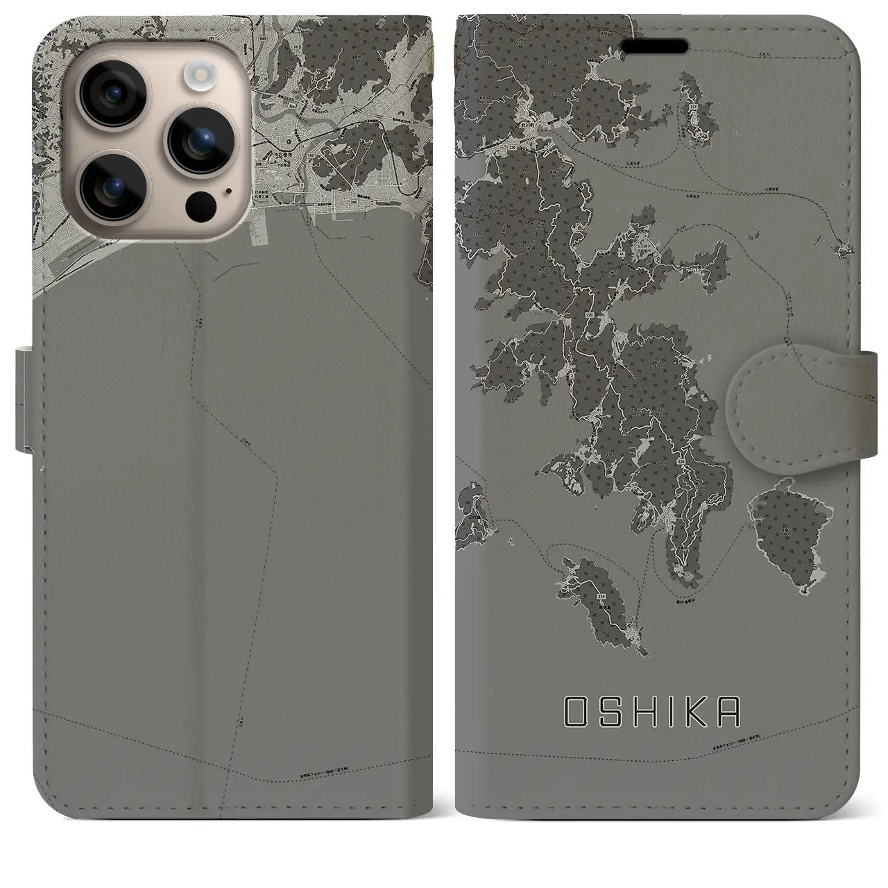 【牡鹿(宮城県)】地図柄iPhoneケース(手帳タイプ)モノトーン・iPhone 16 Plus 用