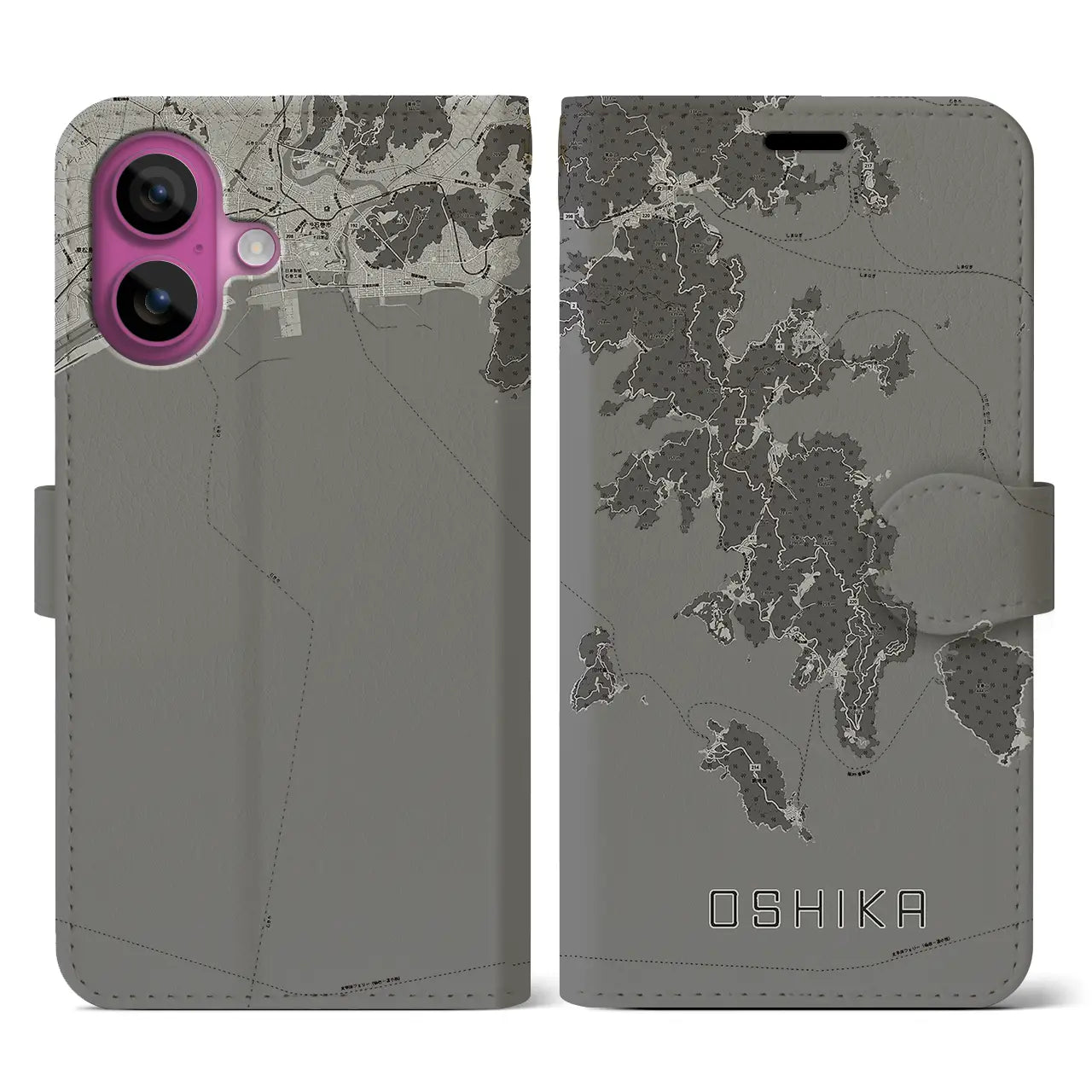【牡鹿(宮城県)】地図柄iPhoneケース(手帳タイプ)モノトーン・iPhone 16 Pro 用