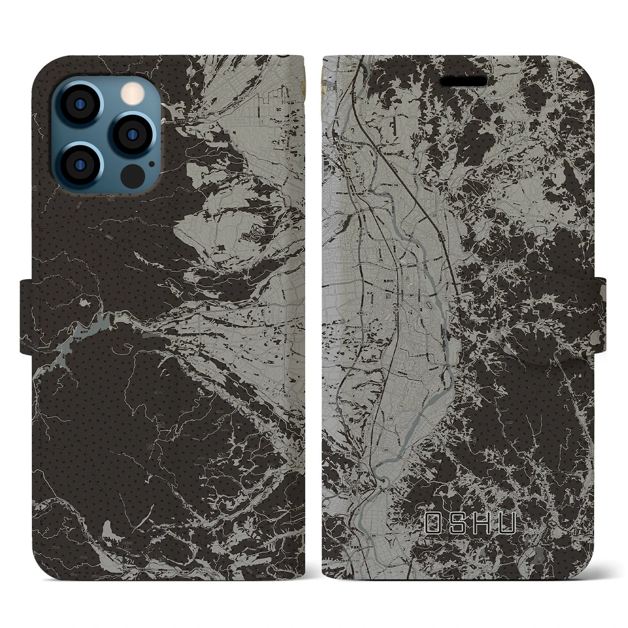 【奥州(岩手県)】地図柄iPhoneケース(手帳タイプ)モノトーン・iPhone 12 / 12 Pro 用