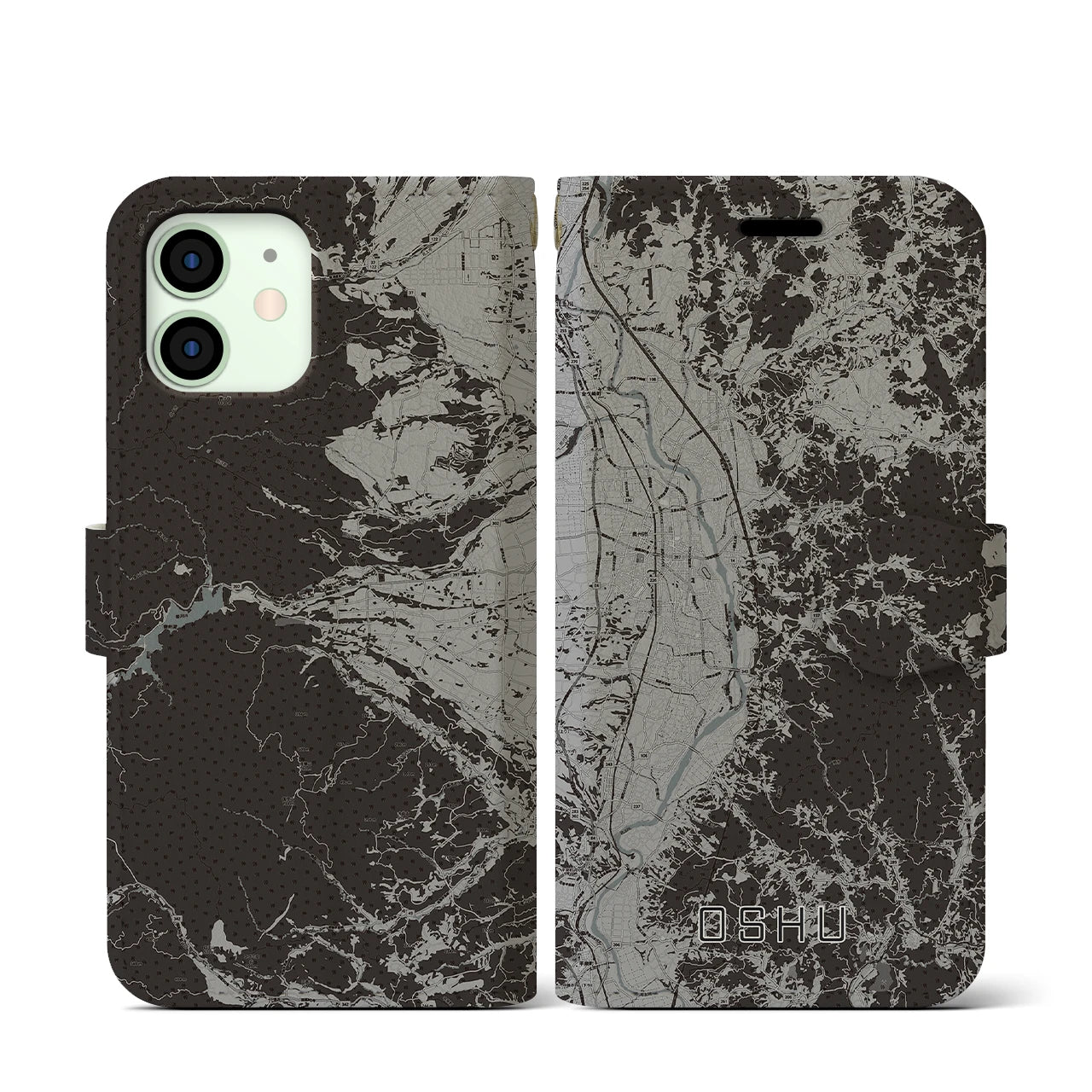 【奥州(岩手県)】地図柄iPhoneケース(手帳タイプ)モノトーン・iPhone 12 mini 用