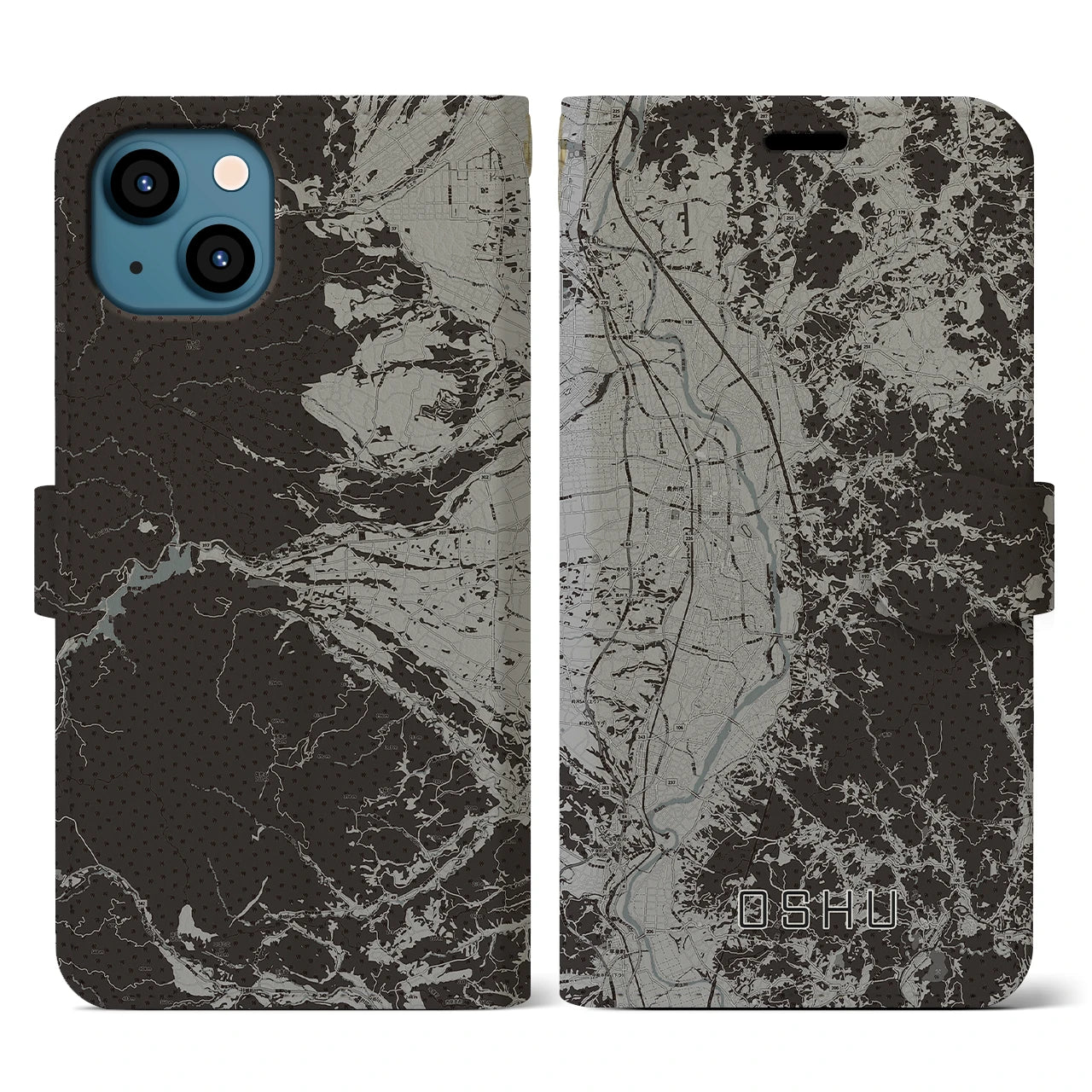 【奥州(岩手県)】地図柄iPhoneケース(手帳タイプ)モノトーン・iPhone 13 用