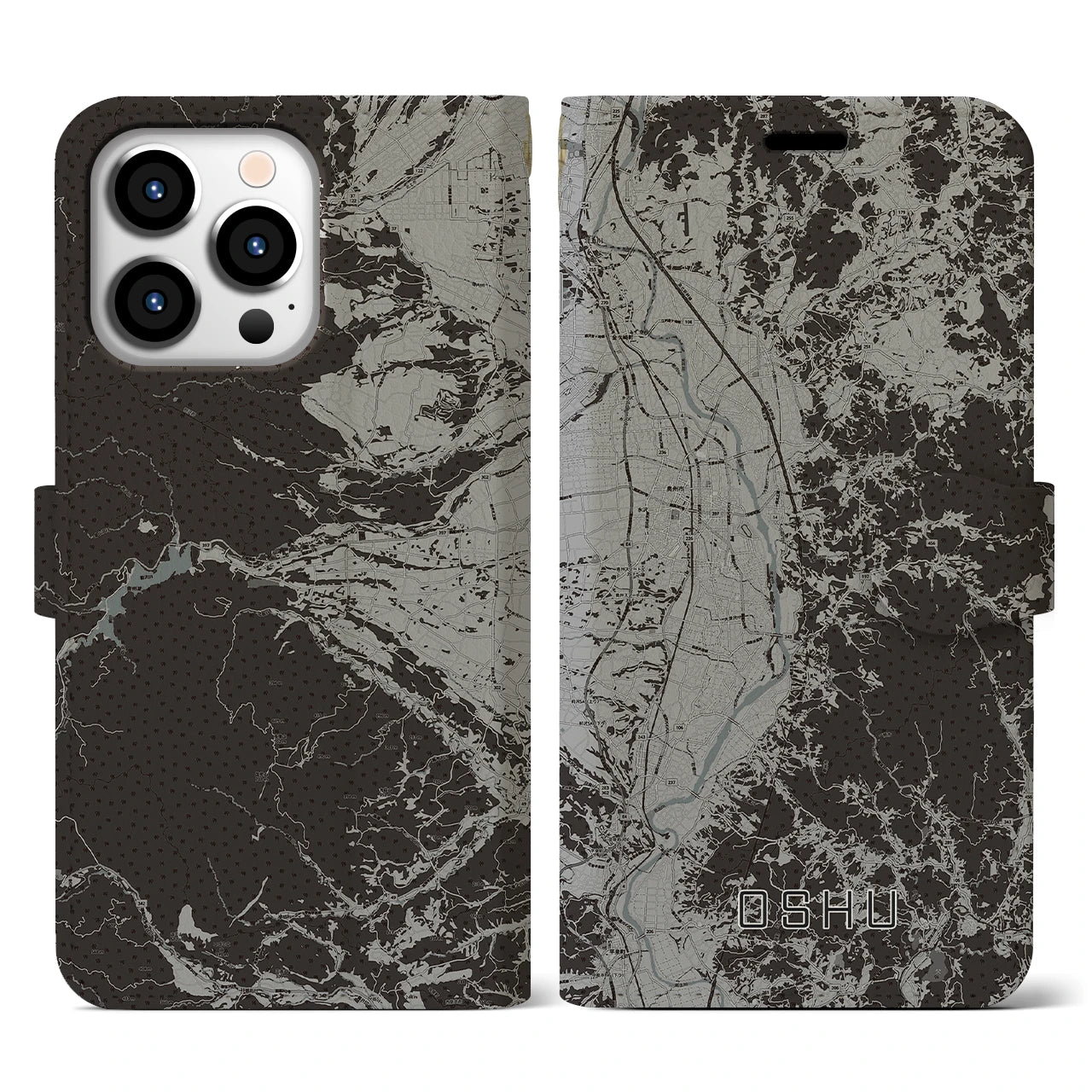 【奥州(岩手県)】地図柄iPhoneケース(手帳タイプ)モノトーン・iPhone 13 Pro 用