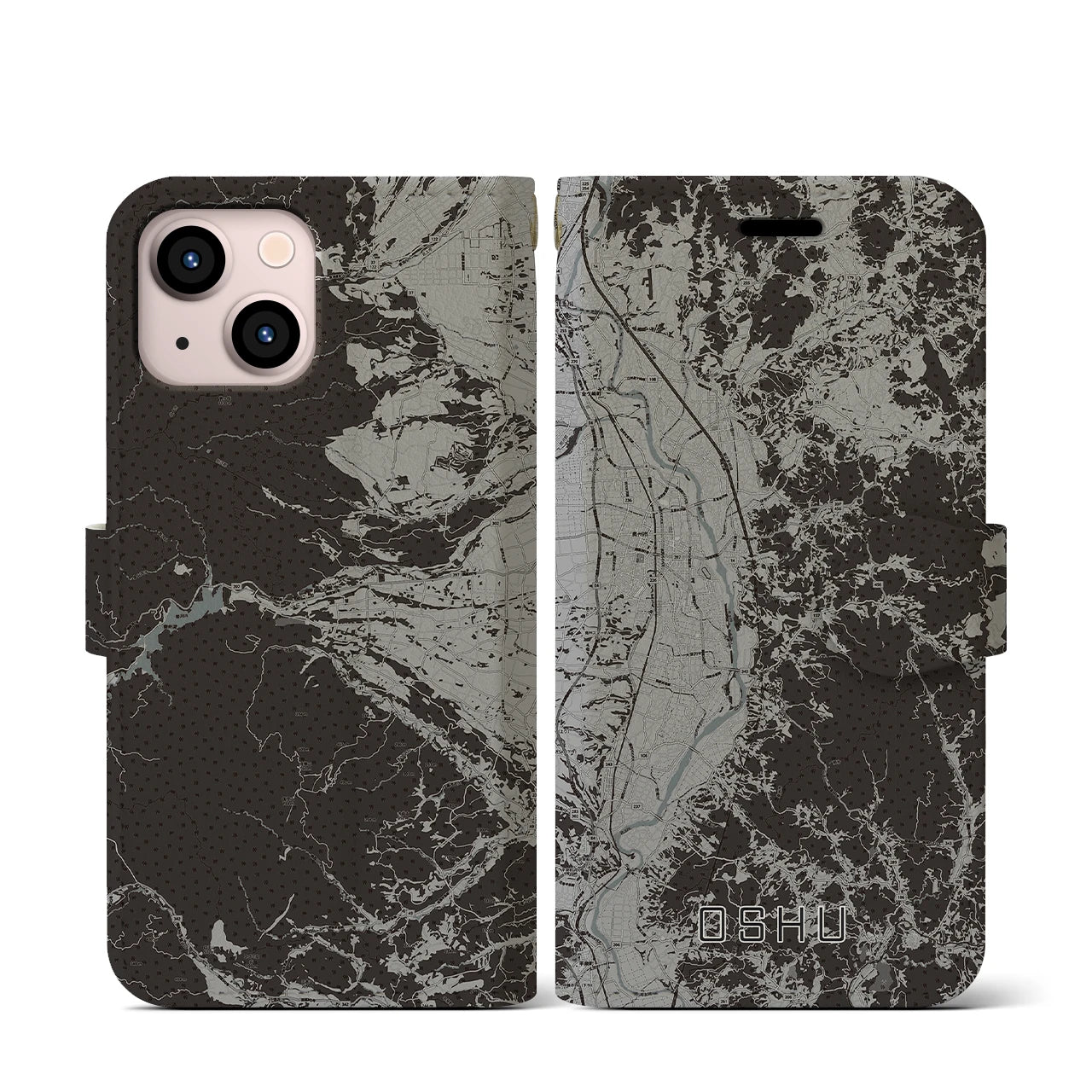 【奥州(岩手県)】地図柄iPhoneケース(手帳タイプ)モノトーン・iPhone 13 mini 用