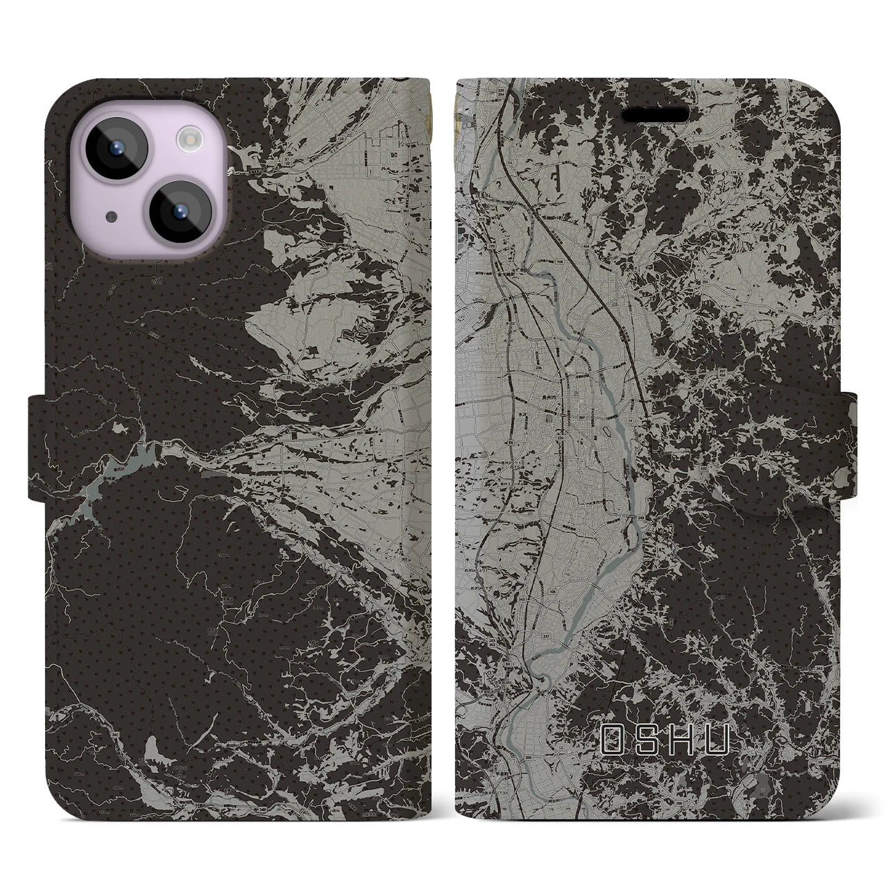 【奥州(岩手県)】地図柄iPhoneケース(手帳タイプ)モノトーン・iPhone 14 用