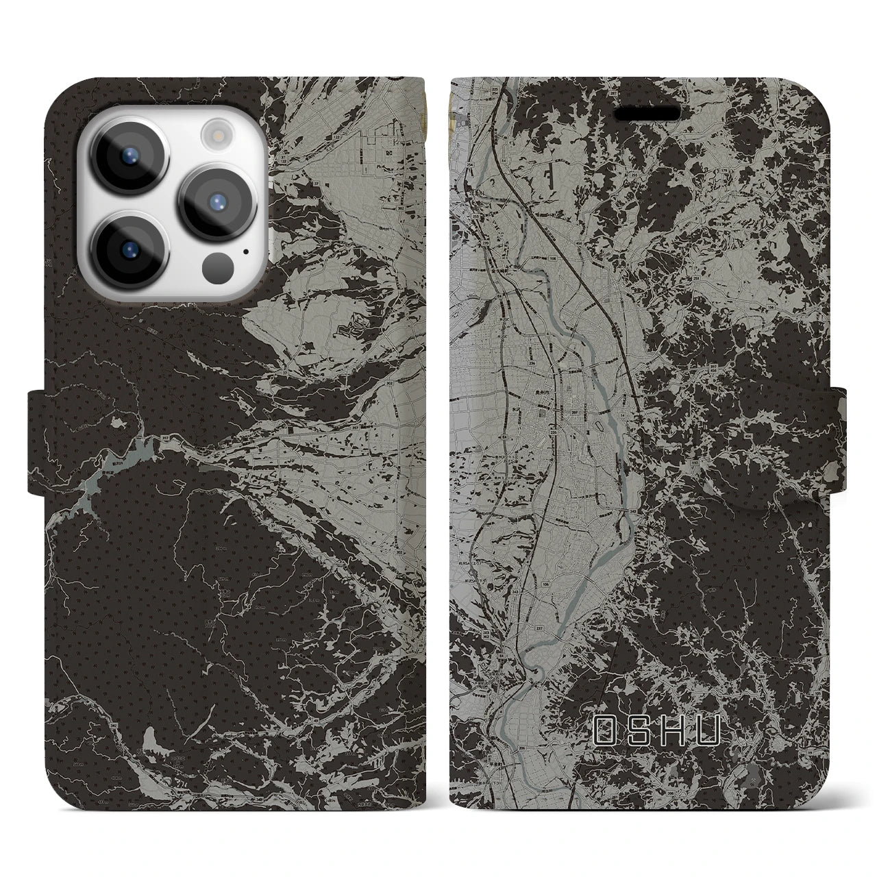 【奥州(岩手県)】地図柄iPhoneケース(手帳タイプ)モノトーン・iPhone 14 Pro 用