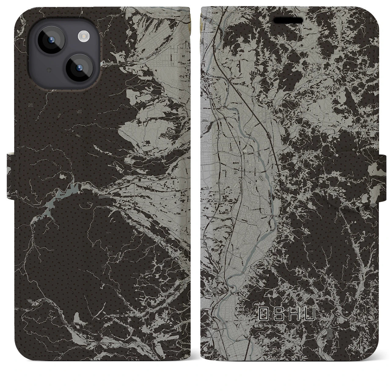 【奥州(岩手県)】地図柄iPhoneケース(手帳タイプ)モノトーン・iPhone 14 Plus 用