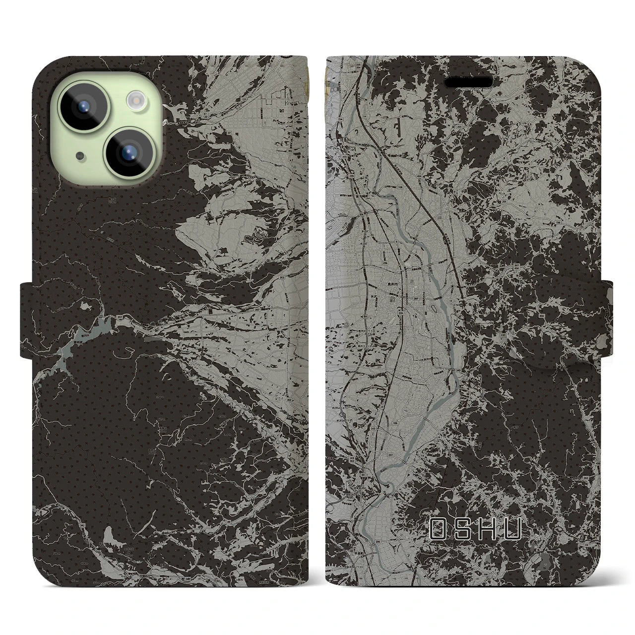 【奥州(岩手県)】地図柄iPhoneケース(手帳タイプ)モノトーン・iPhone 15 用