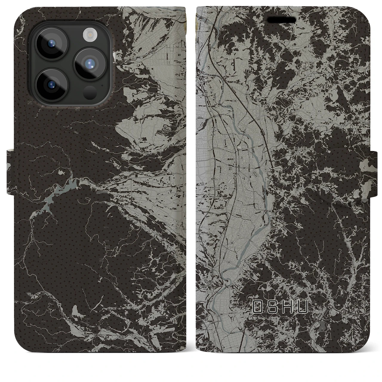 【奥州(岩手県)】地図柄iPhoneケース(手帳タイプ)モノトーン・iPhone 15 Pro Max 用