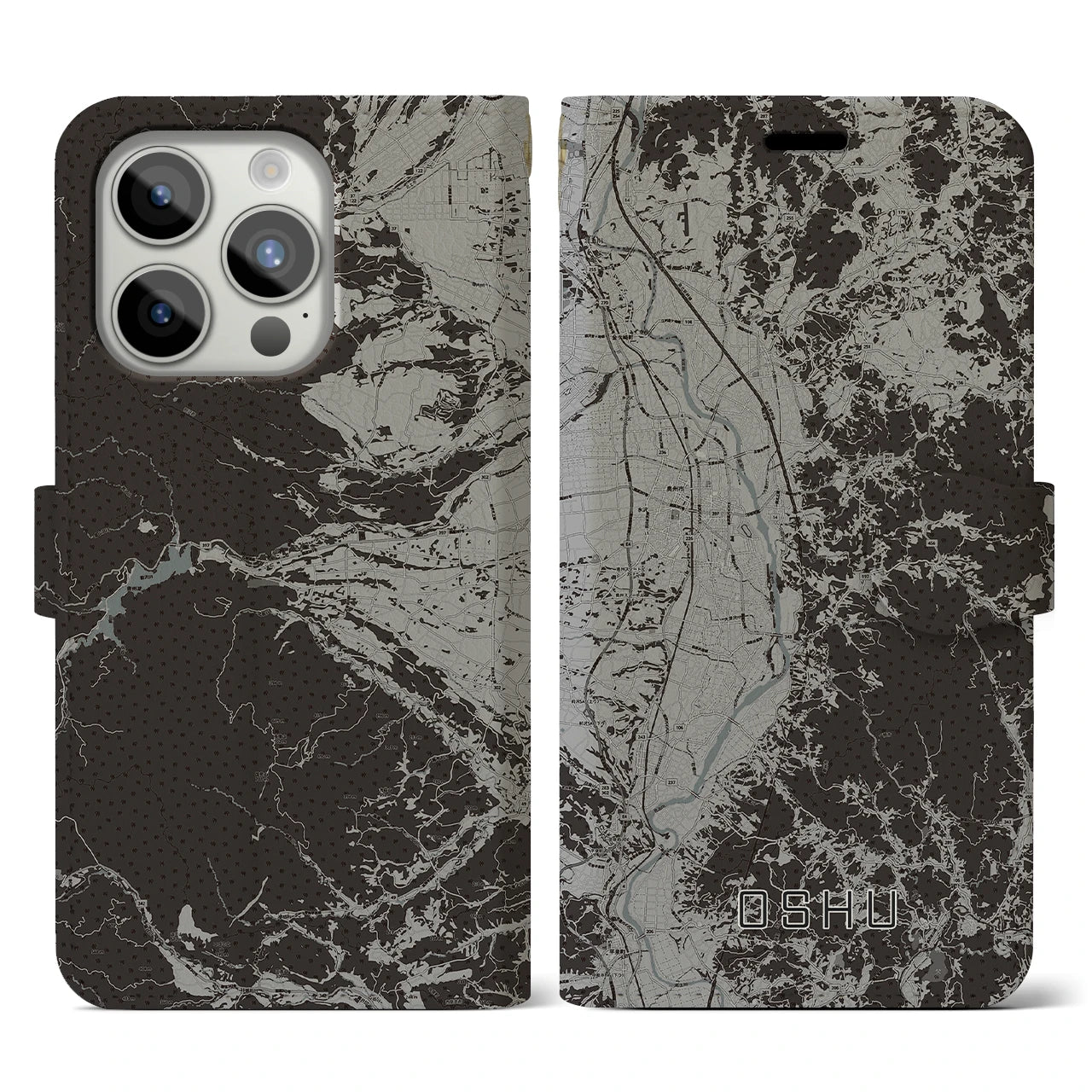 【奥州(岩手県)】地図柄iPhoneケース(手帳タイプ)モノトーン・iPhone 15 Pro 用