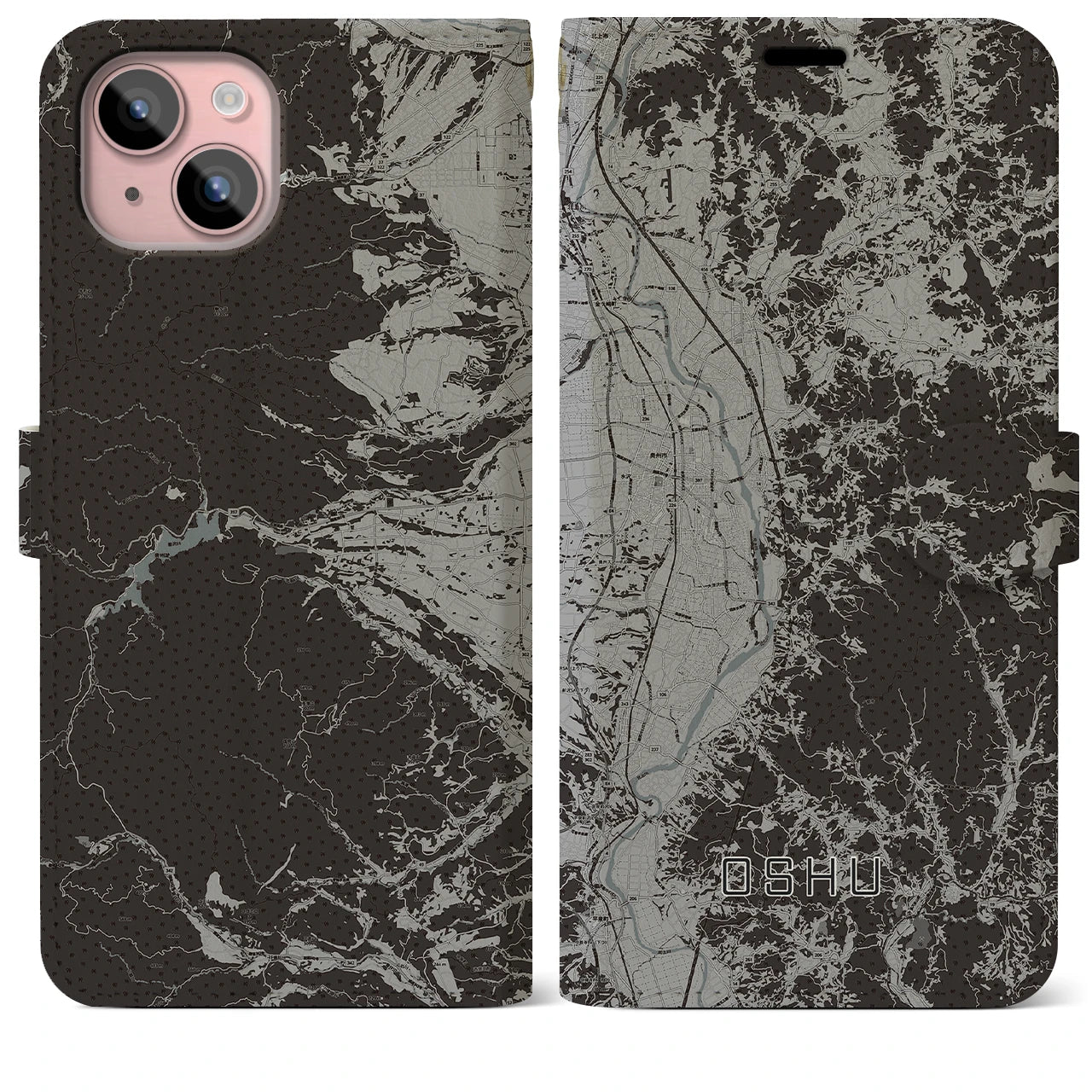 【奥州(岩手県)】地図柄iPhoneケース(手帳タイプ)モノトーン・iPhone 15 Plus 用