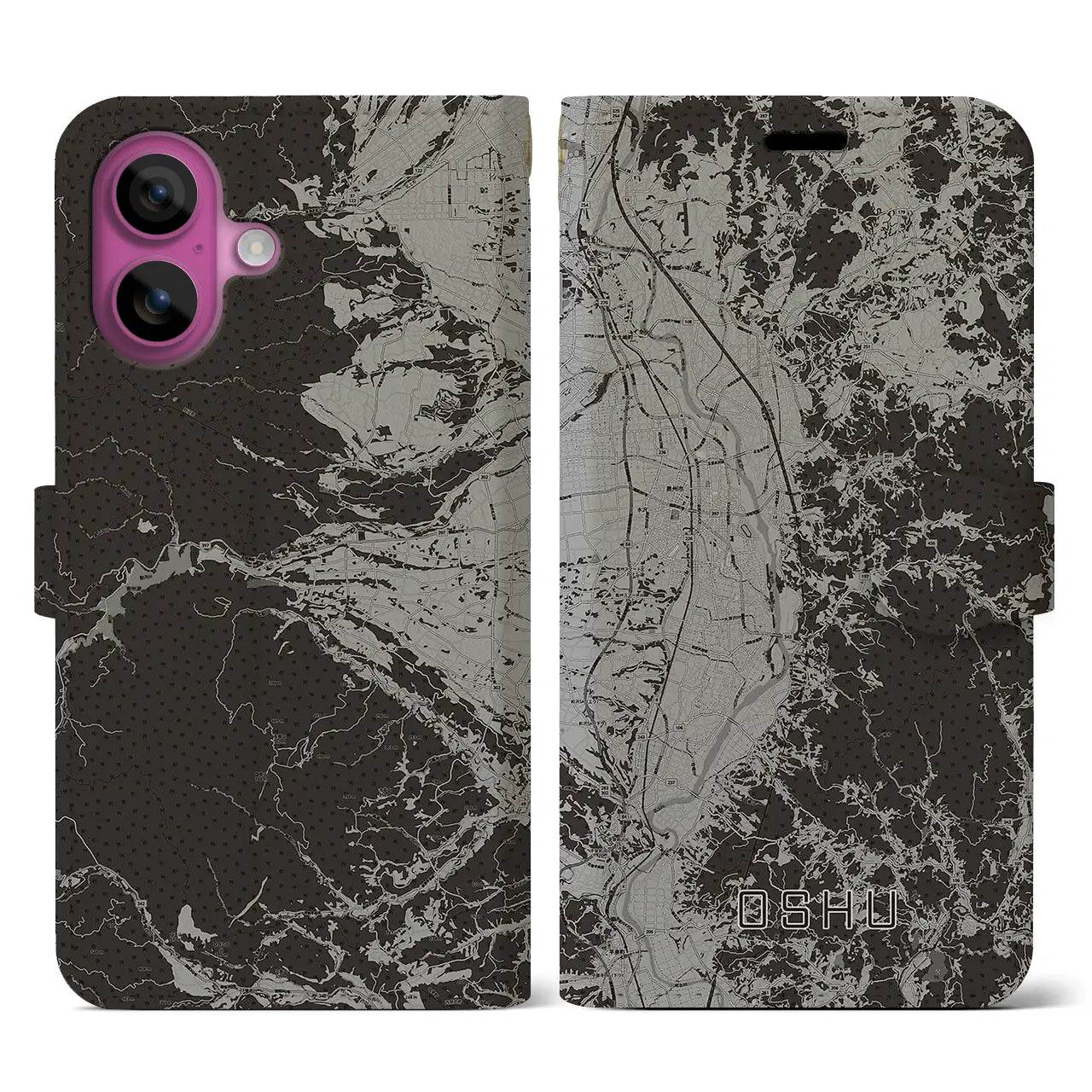 【奥州(岩手県)】地図柄iPhoneケース(手帳タイプ)モノトーン・iPhone 16 Pro 用