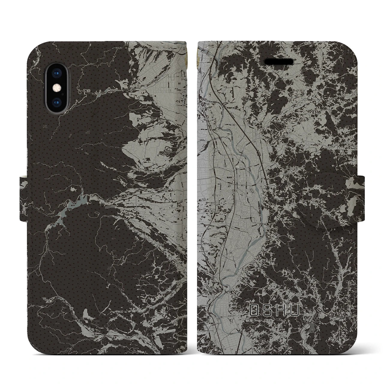 【奥州(岩手県)】地図柄iPhoneケース(手帳タイプ)モノトーン・iPhone XS / X 用