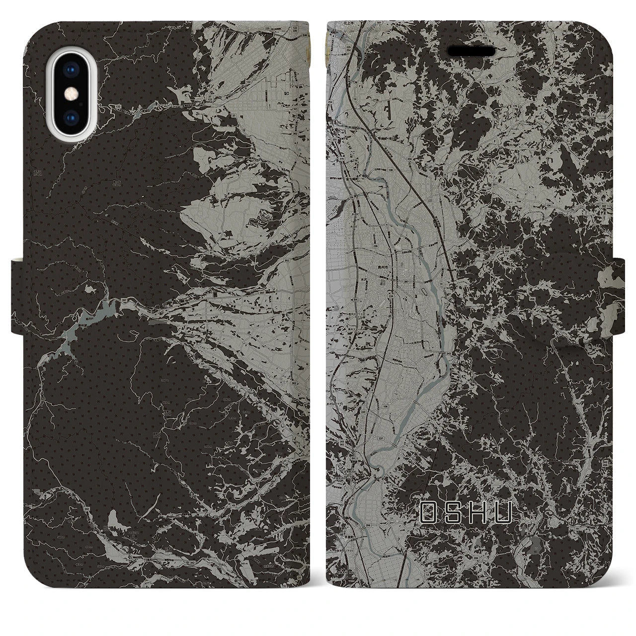 【奥州(岩手県)】地図柄iPhoneケース(手帳タイプ)モノトーン・iPhone XS Max 用