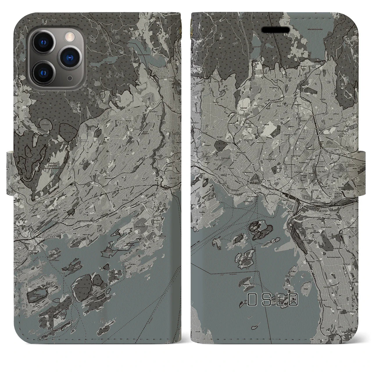 【オスロ(ノルウェー)】地図柄iPhoneケース(手帳タイプ)モノトーン・iPhone 11 Pro Max 用