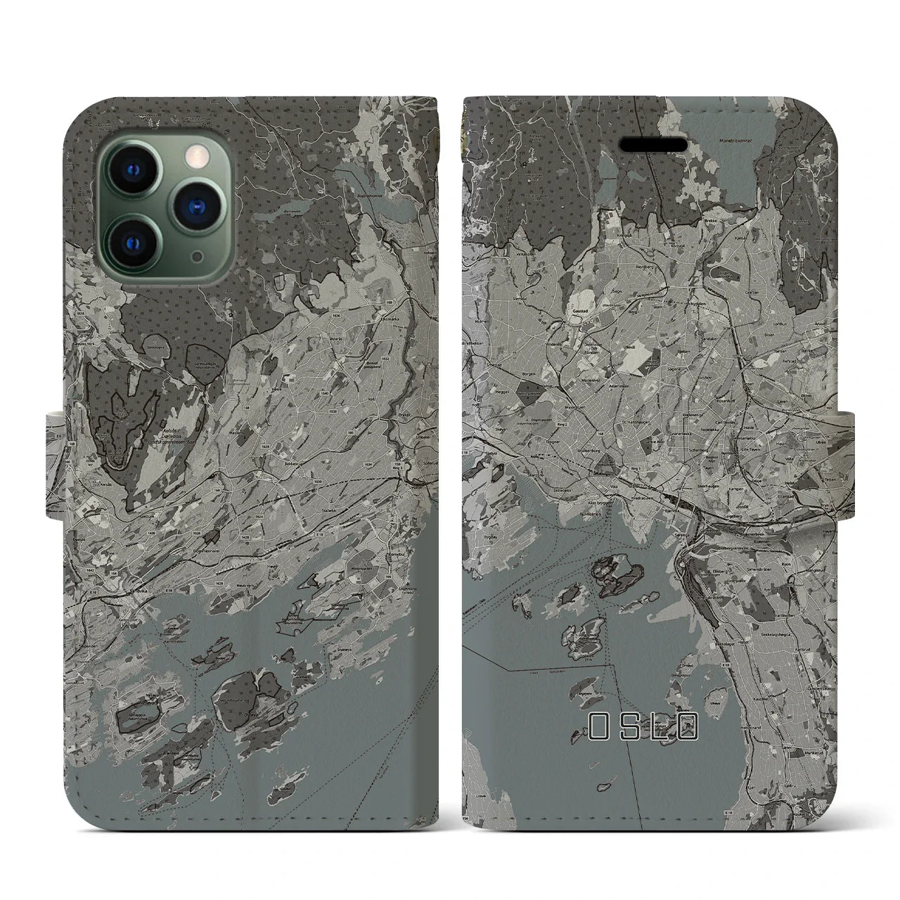【オスロ(ノルウェー)】地図柄iPhoneケース(手帳タイプ)モノトーン・iPhone 11 Pro 用