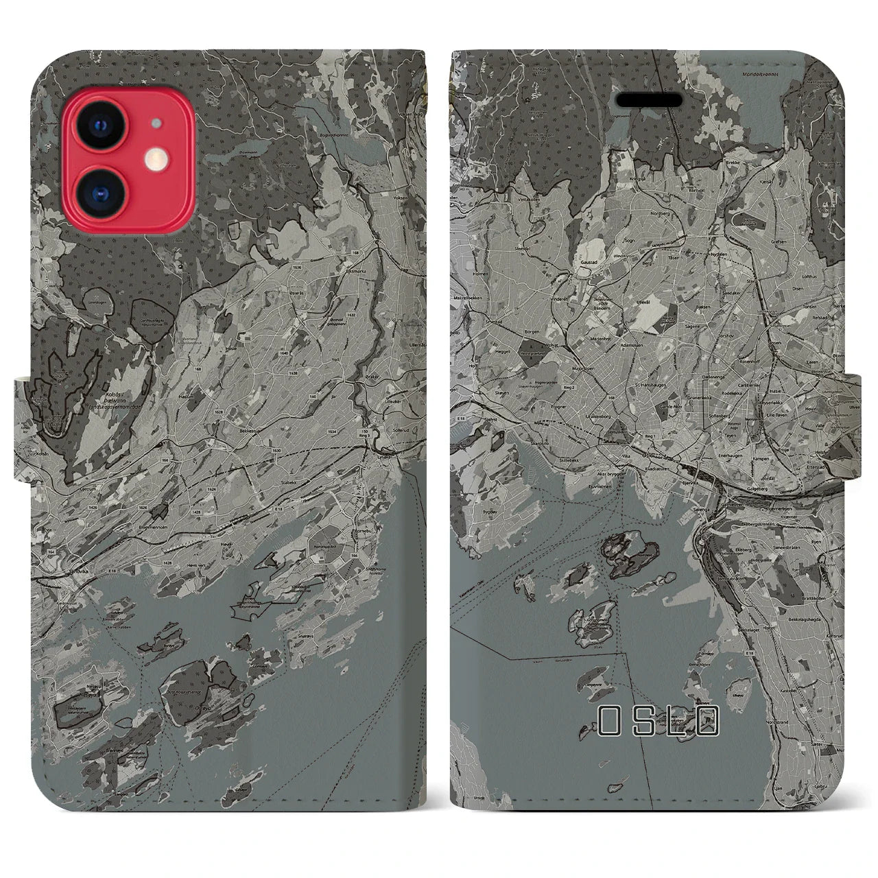 【オスロ(ノルウェー)】地図柄iPhoneケース(手帳タイプ)モノトーン・iPhone 11 用