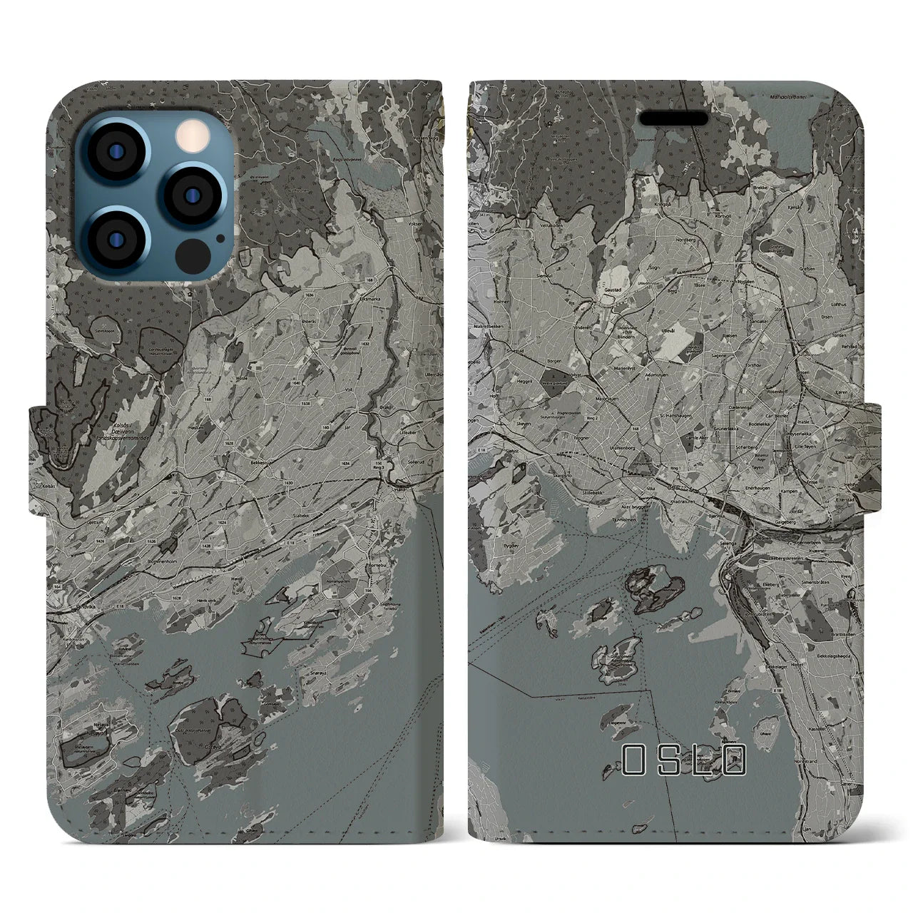 【オスロ(ノルウェー)】地図柄iPhoneケース(手帳タイプ)モノトーン・iPhone 12 / 12 Pro 用