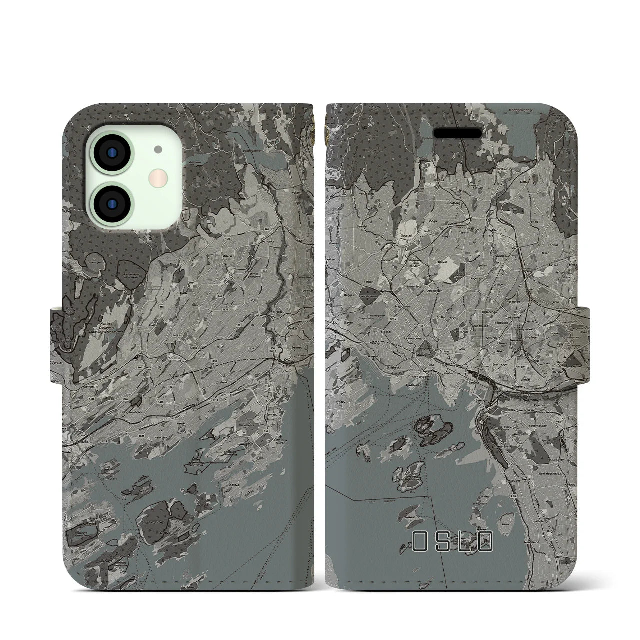 【オスロ(ノルウェー)】地図柄iPhoneケース(手帳タイプ)モノトーン・iPhone 12 mini 用