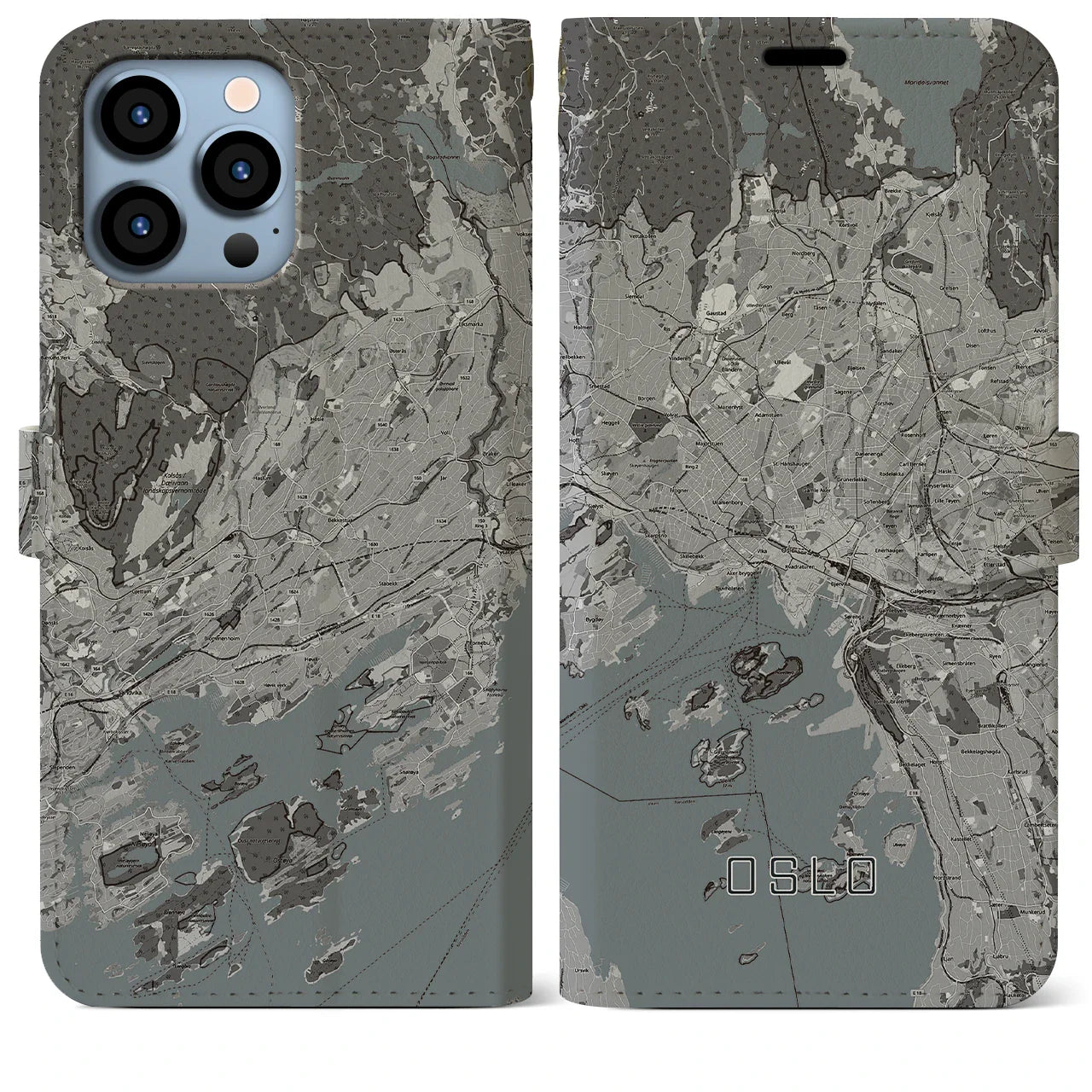 【オスロ(ノルウェー)】地図柄iPhoneケース(手帳タイプ)モノトーン・iPhone 13 Pro Max 用