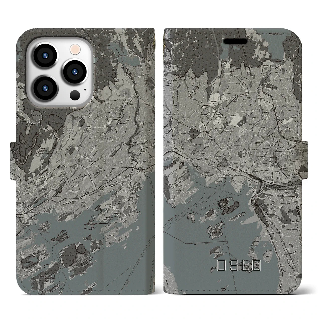 【オスロ(ノルウェー)】地図柄iPhoneケース(手帳タイプ)モノトーン・iPhone 13 Pro 用