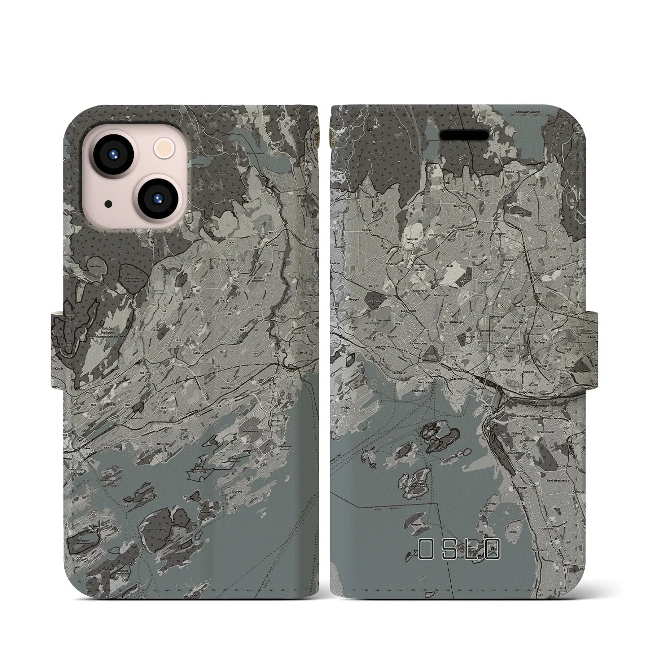 【オスロ(ノルウェー)】地図柄iPhoneケース(手帳タイプ)モノトーン・iPhone 13 mini 用