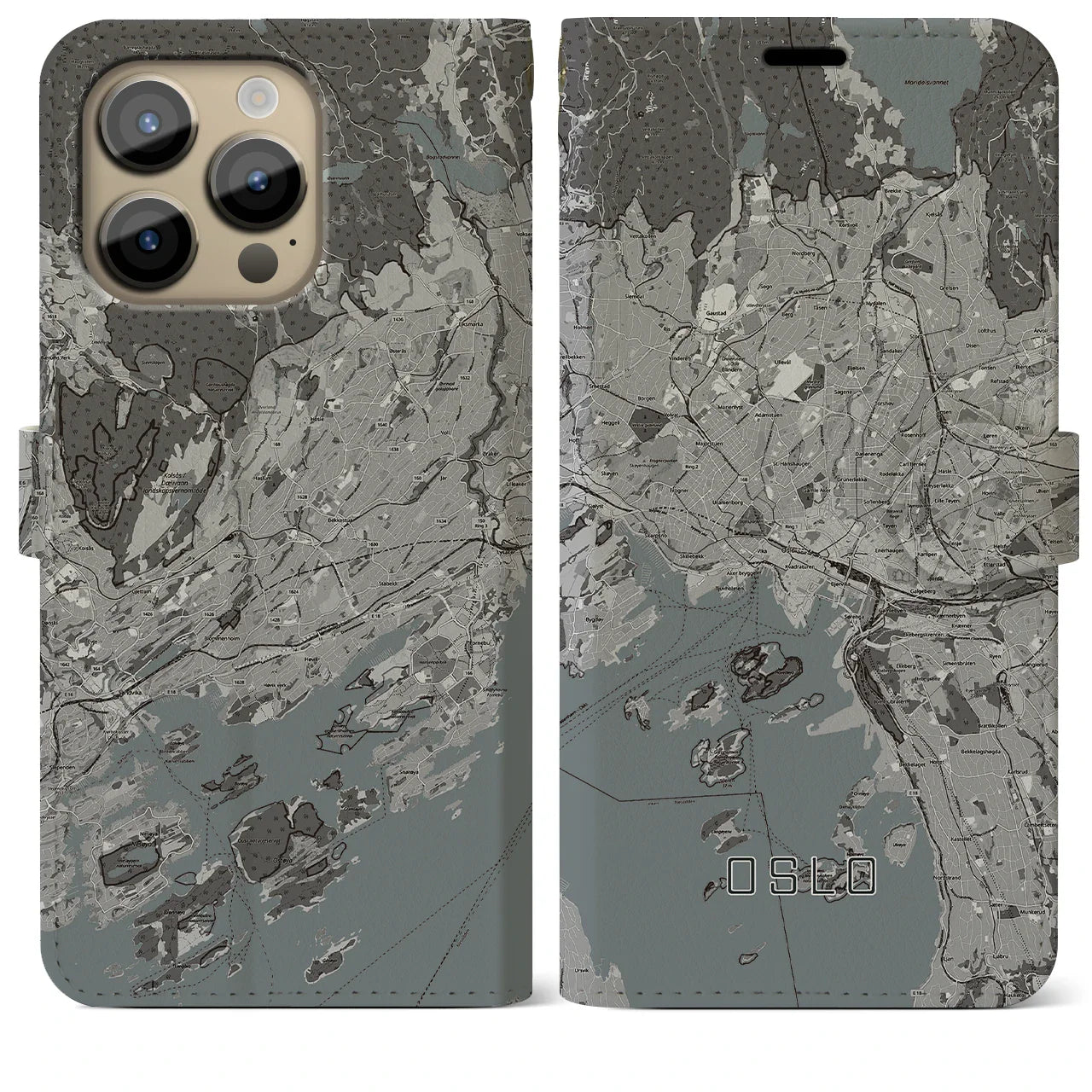 【オスロ(ノルウェー)】地図柄iPhoneケース(手帳タイプ)モノトーン・iPhone 14 Pro Max 用