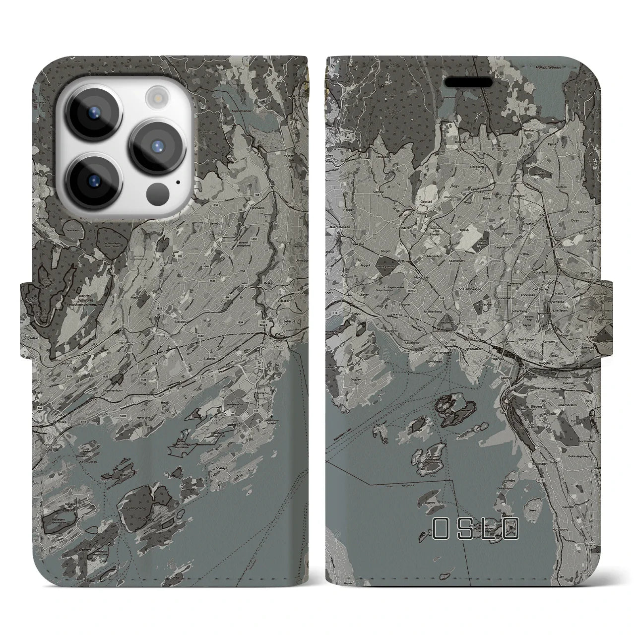 【オスロ(ノルウェー)】地図柄iPhoneケース(手帳タイプ)モノトーン・iPhone 14 Pro 用