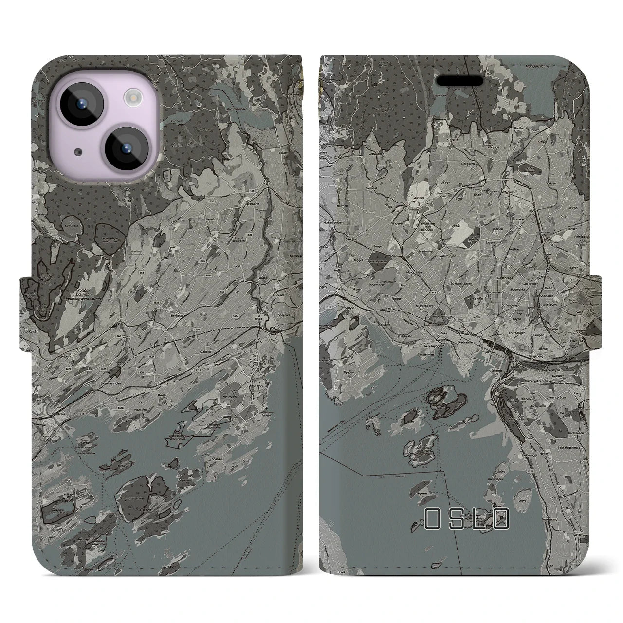 【オスロ(ノルウェー)】地図柄iPhoneケース(手帳タイプ)モノトーン・iPhone 14 用