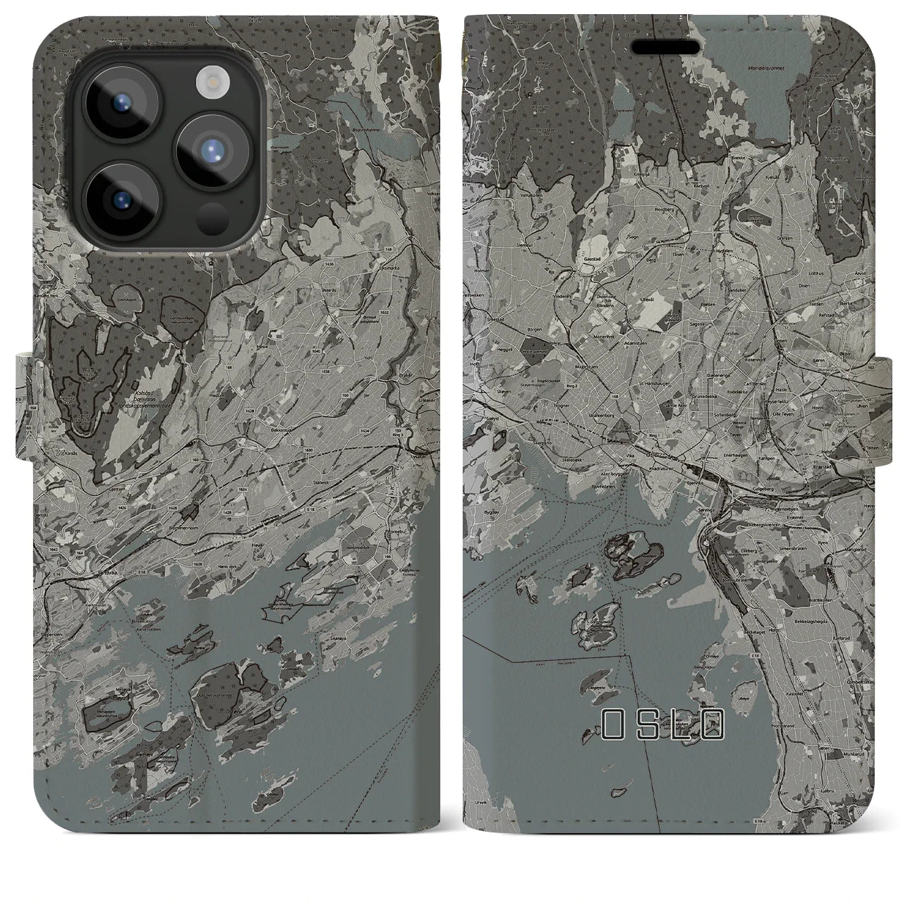 【オスロ(ノルウェー)】地図柄iPhoneケース(手帳タイプ)モノトーン・iPhone 15 Pro Max 用