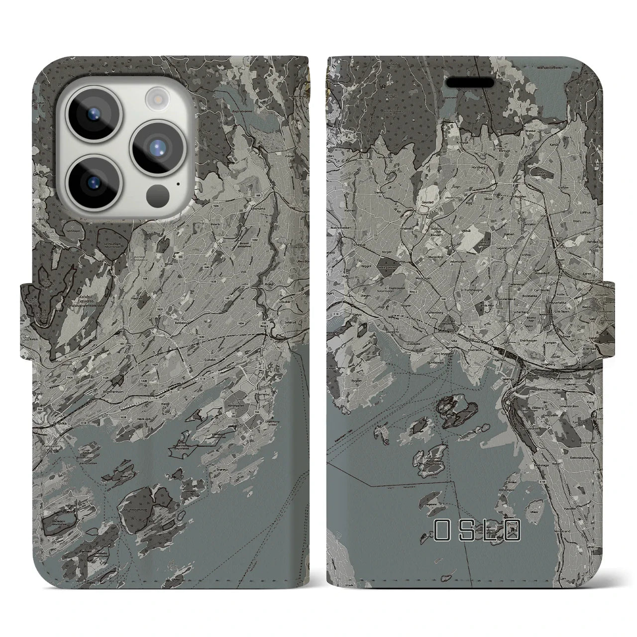 【オスロ(ノルウェー)】地図柄iPhoneケース(手帳タイプ)モノトーン・iPhone 15 Pro 用