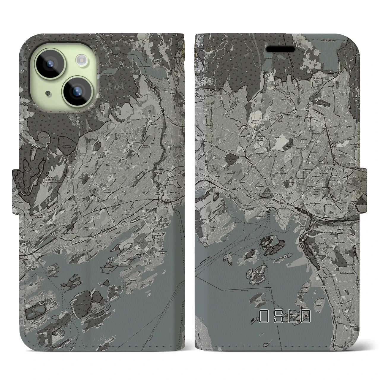 【オスロ(ノルウェー)】地図柄iPhoneケース(手帳タイプ)モノトーン・iPhone 15 用